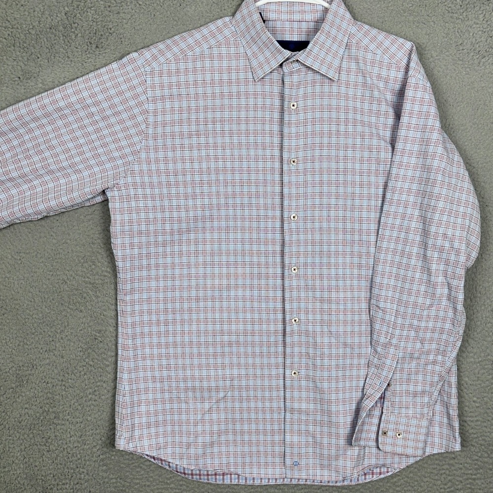 David Donahue Dress Shirt Mens 17.5 34-35 Trim Fit Blue Red Plaid Button Up EUC